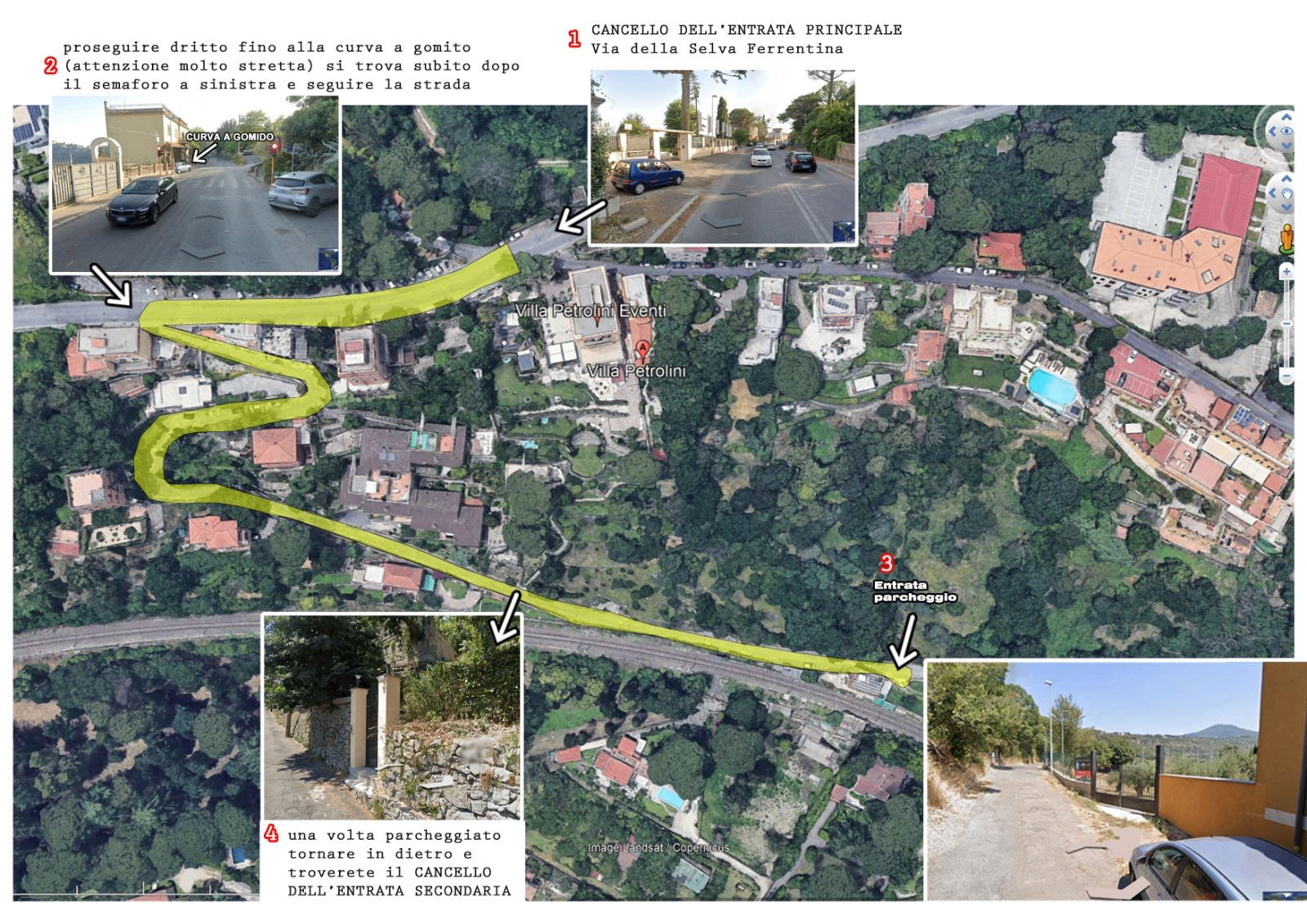 Mappa con le indicazioni per raggiungere Villa Petrolini e il parcheggio
